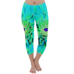 Aqua Cactus Dahlia Capri Winter Leggings  by myrubiogarden