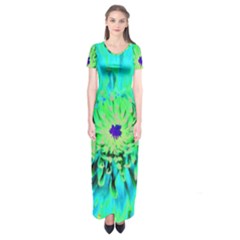 Aqua Cactus Dahlia Short Sleeve Maxi Dress by myrubiogarden