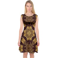 Gold Black Book Cover Ornate Capsleeve Midi Dress by Pakrebo