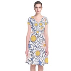 Flowers Pattern Lotus Lily Short Sleeve Front Wrap Dress