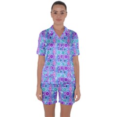 Flowers Light Blue Purple Magenta Satin Short Sleeve Pyjamas Set by Pakrebo