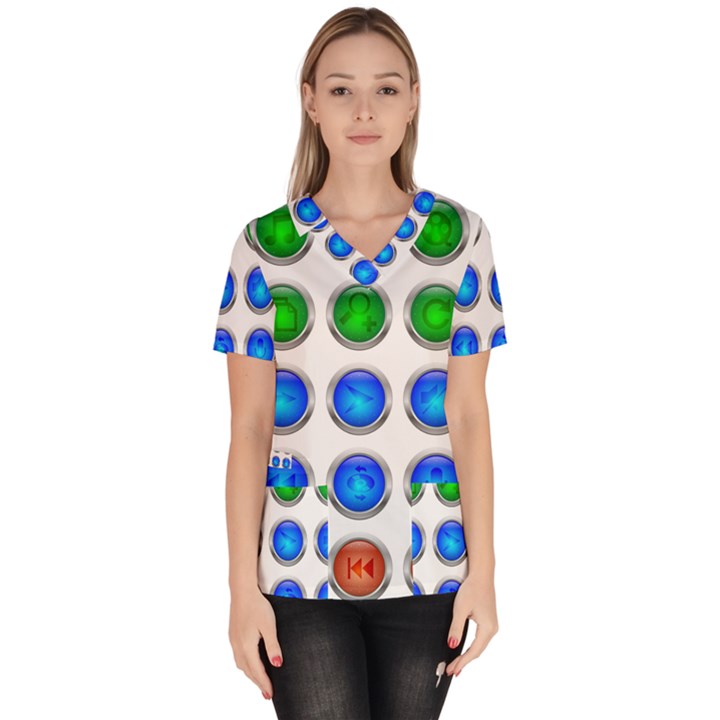 Vector Round Image Color Button Women s V-Neck Scrub Top