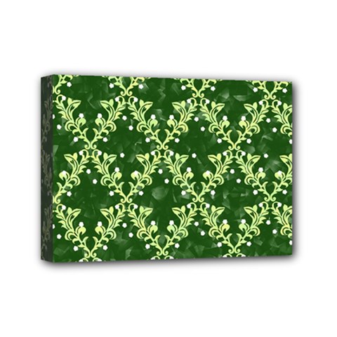 White Flowers Green Damask Mini Canvas 7  X 5  (stretched) by Pakrebo