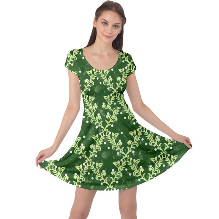 White Flowers Green Damask Cap Sleeve Dress