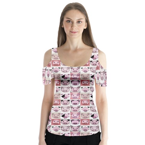 Graphic Seamless Pattern Pig Butterfly Sleeve Cutout Tee  by Pakrebo