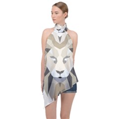 Polygonal Low Poly Lion Feline Halter Asymmetric Satin Top