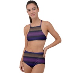 Stripes Pink Yellow Purple Grey High Waist Tankini Set by BrightVibesDesign