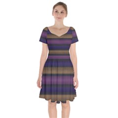 Stripes Pink Yellow Purple Grey Short Sleeve Bardot Dress by BrightVibesDesign