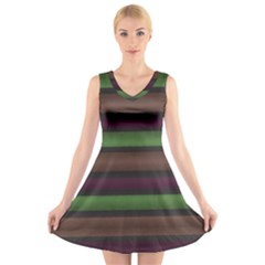 Stripes Green Brown Pink Grey V-neck Sleeveless Dress by BrightVibesDesign