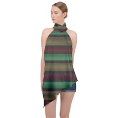 Stripes Green Red Yellow Grey Halter Asymmetric Satin Top by BrightVibesDesign