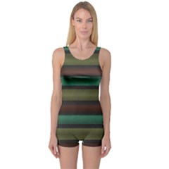 Stripes Green Yellow Brown Grey One Piece Boyleg Swimsuit by BrightVibesDesign