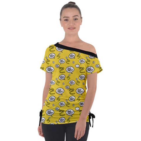 No Step On Snek Do Not Bubble Speech Pattern Yellow Background Meme Off Shoulder Tie-up Tee by snek