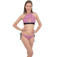 No Step On Snek Do Not Bubble Speech Pattern Pink Background Meme Cross Front Halter Bikini Set by snek