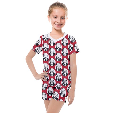 Trump Retro Face Pattern Maga Red Us Patriot Kids  Mesh Tee And Shorts Set by snek