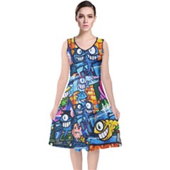 Graffiti Urban Colorful Graffiti Cartoon Fish V-neck Midi Sleeveless Dress 