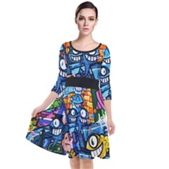 Graffiti Urban Colorful Graffiti Cartoon Fish Quarter Sleeve Waist Band Dress by genx