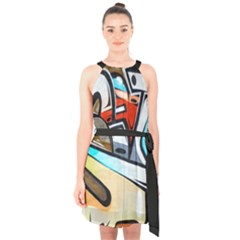 Blue Face King Graffiti Street Art Urban Blue And Orange Face Abstract Hiphop Halter Collar Waist Tie Chiffon Dress by genx