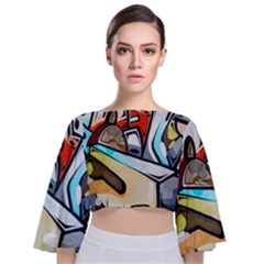 Blue Face King Graffiti Street Art Urban Blue And Orange Face Abstract Hiphop Tie Back Butterfly Sleeve Chiffon Top by genx