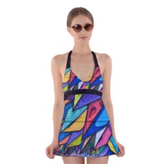 Urban Colorful Graffiti Brick Wall Industrial Scale Abstract Pattern Halter Dress Swimsuit  by genx