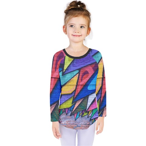 Urban Colorful Graffiti Brick Wall Industrial Scale Abstract Pattern Kids  Long Sleeve Tee by genx