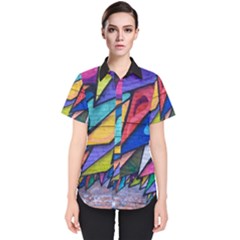 Urban Colorful Graffiti Brick Wall Industrial Scale Abstract Pattern Women s Short Sleeve Shirt