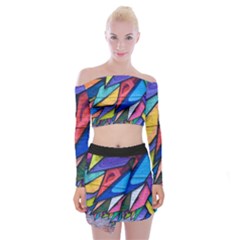 Urban Colorful Graffiti Brick Wall Industrial Scale Abstract Pattern Off Shoulder Top With Mini Skirt Set by genx