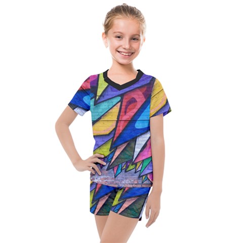 Urban Colorful Graffiti Brick Wall Industrial Scale Abstract Pattern Kids  Mesh Tee And Shorts Set by genx