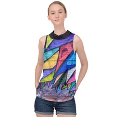 Urban Colorful Graffiti Brick Wall Industrial Scale Abstract Pattern High Neck Satin Top by genx