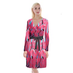 Graffiti Watermelon Pink With Light Blue Drops Retro Long Sleeve Velvet Front Wrap Dress by genx