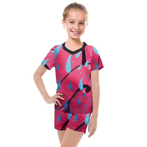 Graffiti Watermelon Pink With Light Blue Drops Retro Kids  Mesh Tee And Shorts Set by genx