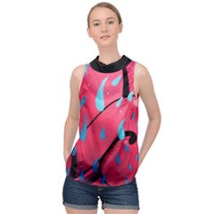 Graffiti Watermelon Pink With Light Blue Drops Retro High Neck Satin Top by genx