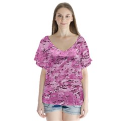 Pink Camouflage Army Military Girl V-neck Flutter Sleeve Top by snek