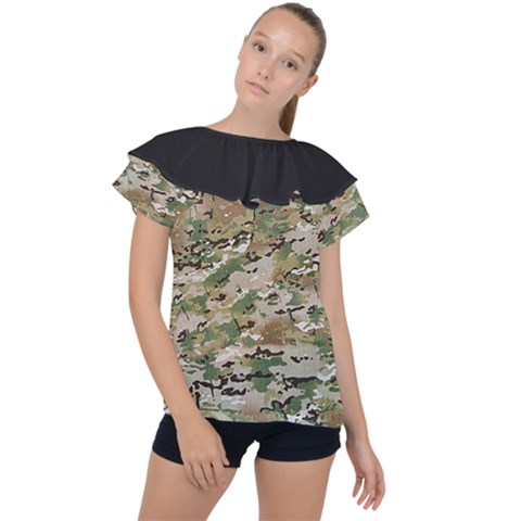 Wood Camouflage Military Army Green Khaki Pattern Ruffle Collar Chiffon Blouse by snek