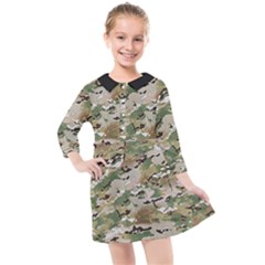 Wood Camouflage Military Army Green Khaki Pattern Kids  Quarter Sleeve Shirt Dress by snek