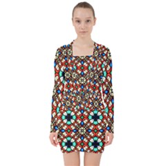 Stained Glass Pattern Texture Face V-neck Bodycon Long Sleeve Dress by Pakrebo