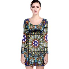 Vitrage Stained Glass Church Window Long Sleeve Velvet Bodycon Dress by Pakrebo