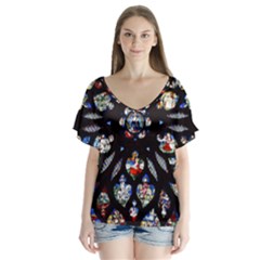 Stained Glass Sainte Chapelle Gothic V-neck Flutter Sleeve Top by Pakrebo