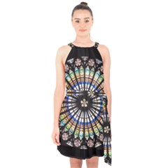 Stained Glass Cathedral Rosette Halter Collar Waist Tie Chiffon Dress by Pakrebo