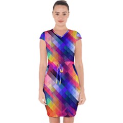 Abstract Background Colorful Capsleeve Drawstring Dress 