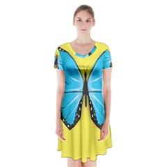Butterfly Blue Insect Short Sleeve V-neck Flare Dress
