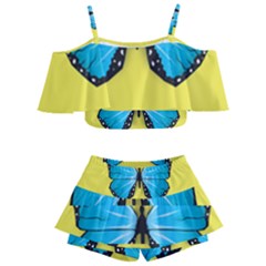 Butterfly Blue Insect Kids  Off Shoulder Skirt Bikini