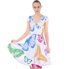Butterfly Rainbow Cap Sleeve Front Wrap Midi Dress