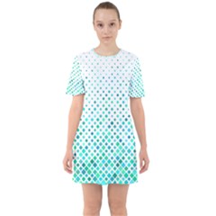 Diagonal Square Cyan Element Sixties Short Sleeve Mini Dress