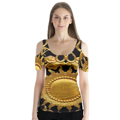 Golden Sun Gold Decoration Wall Butterfly Sleeve Cutout Tee  by Pakrebo