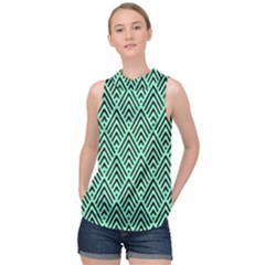 Chevron Pattern Black Mint Green High Neck Satin Top