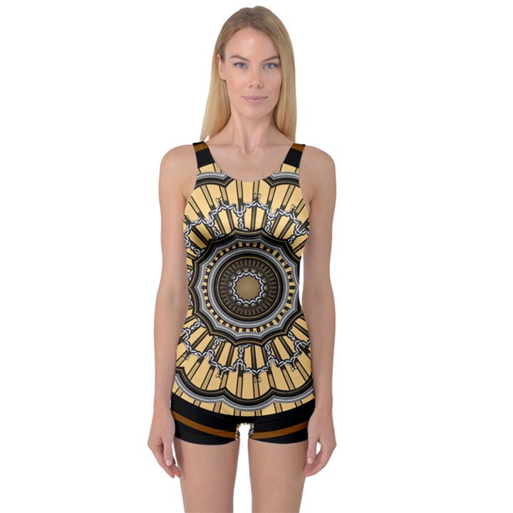 Mandala Pattern Round Ethnic One Piece Boyleg Swimsuit