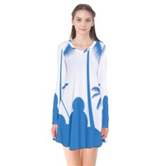 Fresh Blue Coconut Tree Long Sleeve V-neck Flare Dress