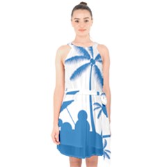 Fresh Blue Coconut Tree Halter Collar Waist Tie Chiffon Dress