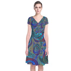 Fractal Abstract Line Wave Unique Short Sleeve Front Wrap Dress