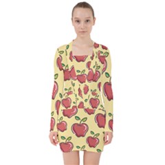 Healthy Apple Fruit V-neck Bodycon Long Sleeve Dress by Alisyart